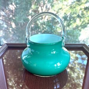 Vintage Polish Green Cased Glass Basket White Interior 7 Inch Vase